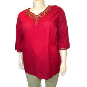 **NEW**Liz & Me Dark Red 3/4 Sleeve V-Neck Sequin & Bead Woven Women's 1X 18/20W